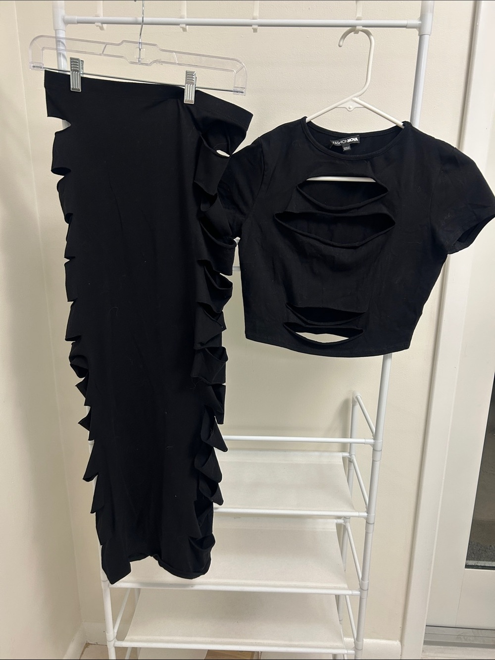 Fashion Nova Black Cutout Maxi Skirt with Matching Crop Top